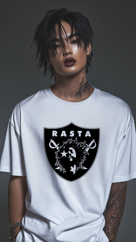 RASTA RAIDERS WHITE Oversized Tee – Bold Streetwear with a Minimalist Edge