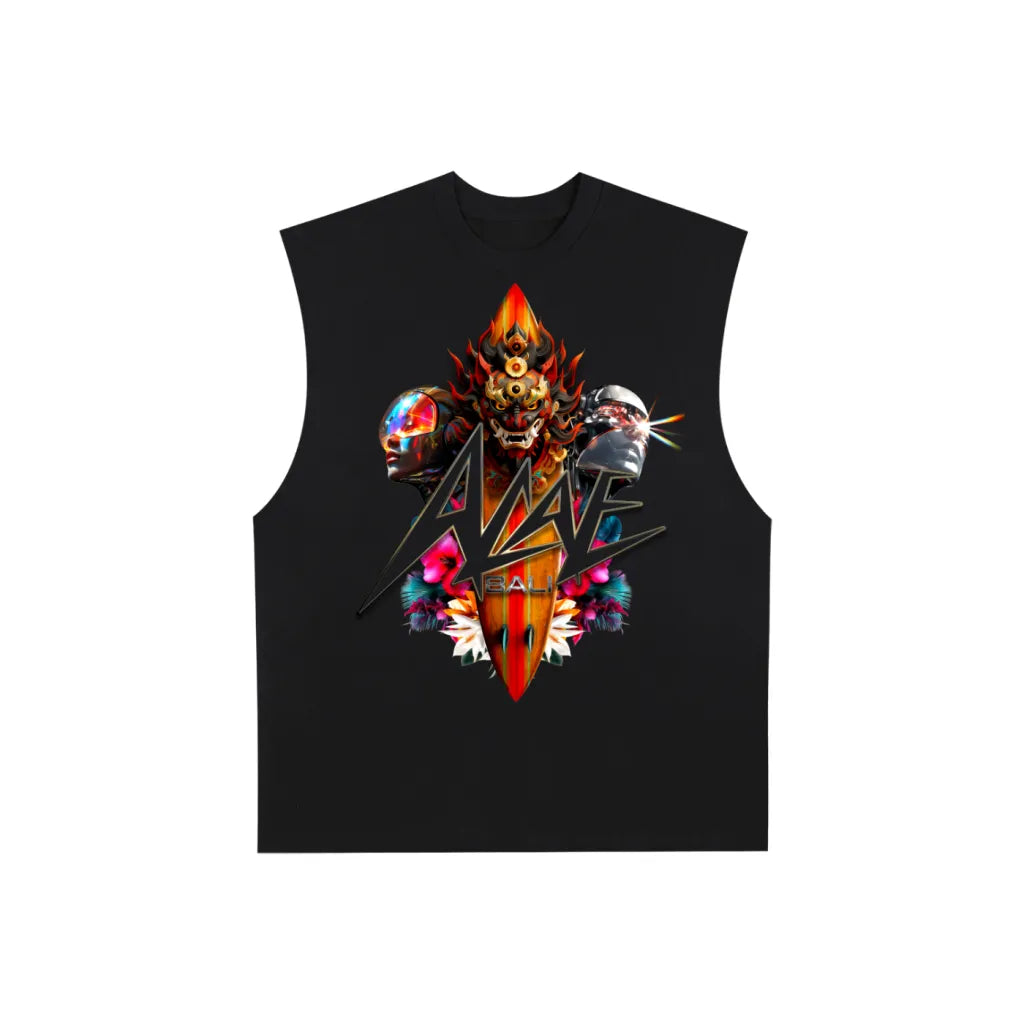 ACAE BALI Mens Vintage Washed Raw Edge Tank Top ACAE008 -  BLACK