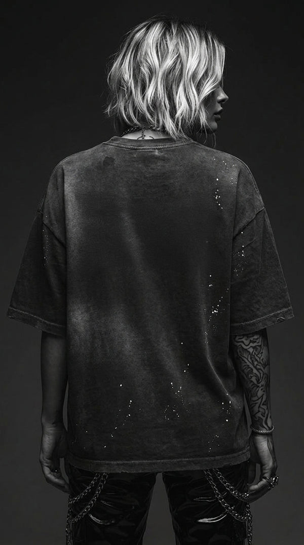Women's Dark Surf Hand-Frayed Sunfade Paint Splatter T-Shirt RT0011